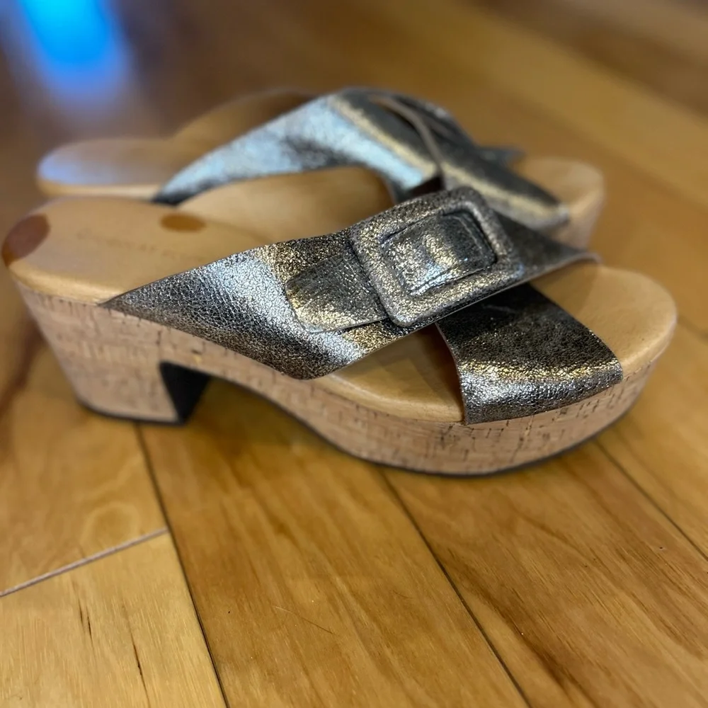 Chocolat Blu Y2K Metallic Pewter Cork Wedge Sandals Chunky Buckle Platform Slide